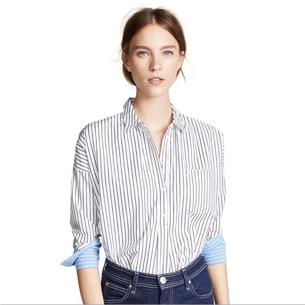 Joie Selinde Oversized 100% Cotton Pinstripe 1/2 Button  Up Blouse Size XS